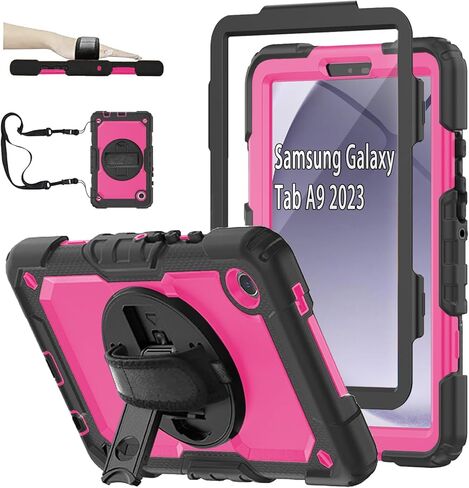 حافظة سامسونج جالاكسي تاب A9 مقاس 8.7 بوصة 2023 (SM-X110/X115/X117) مع واقي شاشة وحامل أقلام، غطاء سيليكون متين مقاوم للصدمات للأطفال 360 درجة وحزام كتف لجهاز جالاكسي A9 اللوحي أرجواني in Kuwait