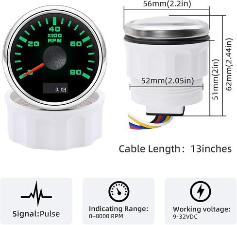 Tachometer 8000 RPM 7 Color Tachometer Gauge 2-1/16" 52mm RPM Meter Waterproof for AUTO Boat Marine（White） in Saudi Arabia