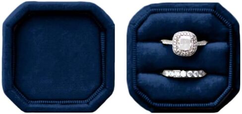 صندوق خاتم مخملي، صندوق خاتم مخملي بفتحات مزدوجة، قماش ناعم، مثالي لاقتراحات الزفاف، والخطوبة، وأعياد الميلاد، والكريسماس، والذكرى السنوية (مربع مثمن بحري)-1 in Kuwait