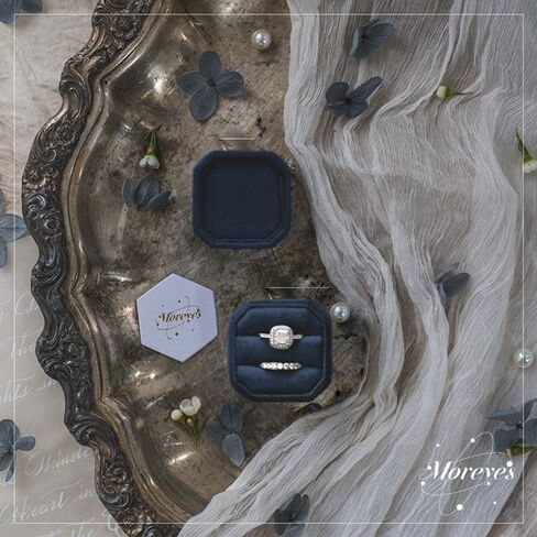 صندوق خاتم مخملي، صندوق خاتم مخملي بفتحات مزدوجة، قماش ناعم، مثالي لاقتراحات الزفاف، والخطوبة، وأعياد الميلاد، والكريسماس، والذكرى السنوية (مربع مثمن بحري)-1 in Kuwait