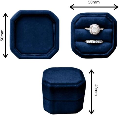 صندوق خاتم مخملي، صندوق خاتم مخملي بفتحات مزدوجة، قماش ناعم، مثالي لاقتراحات الزفاف، والخطوبة، وأعياد الميلاد، والكريسماس، والذكرى السنوية (مربع مثمن بحري)-1 in Kuwait