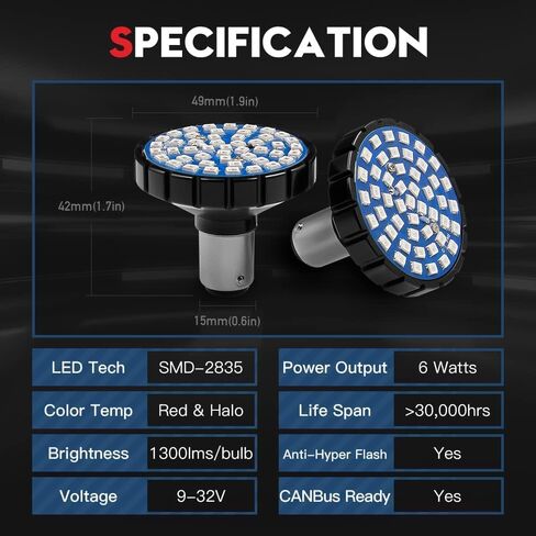 مجموعة VehiCode 1157 Harley LED Light Bulb (Halo Ring Red) - 2357 2057 7528 BAY15D بديل للدراجات النارية Harley Davidson الأمامي/الخلفي إشارة الانعطاف الوامضة الذيل مصباح إيقاف الفرامل (عبوتان) in Kuwait