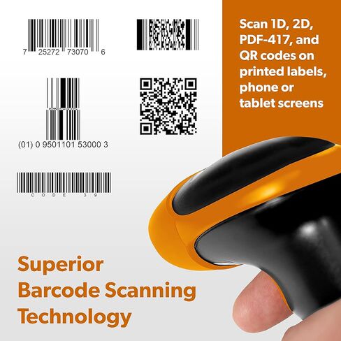 AMBIR BR100 ماسح الباركود السلكي/USB: يدعم الرموز الشريطية 1D و2D وPDF417 وQR. نظام التشغيل: وين، ماك، لينكس، أندرويد. اقرأ: شاشات الهاتف/الكمبيوتر اللوحي، والرموز الشريطية المتجعدة/منخفضة الجودة. جهاز HID - التوصيل والتشغيل - أسود / برتقالي in Kuwait