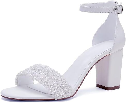 Wedding Shoes for Bride Block Heel Wedding Sandals Open Toe Chunky Heel Bridal Shoes in Saudi Arabia