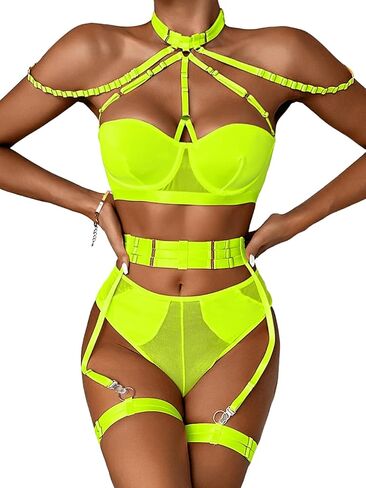 Kaei&Shi Womens Blacklight Bra And Panty Set Garter Sexy Tops,Strappy Strapless Lingerie Mesh Cheeky Sets Rave Outfit Glow In The Dark Shoot Clubbimg Boudoir Neon Green Medium in Saudi Arabia