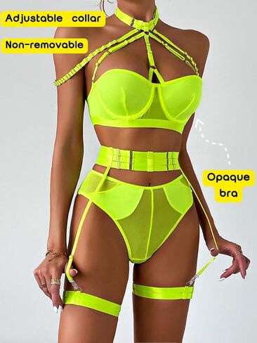 Kaei&Shi Womens Blacklight Bra And Panty Set Garter Sexy Tops,Strappy Strapless Lingerie Mesh Cheeky Sets Rave Outfit Glow In The Dark Shoot Clubbimg Boudoir Neon Green Medium in Saudi Arabia