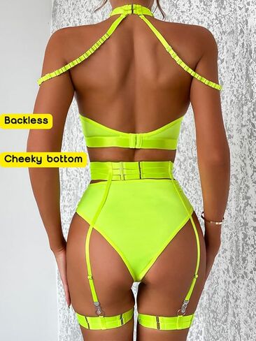 Kaei&Shi Womens Blacklight Bra And Panty Set Garter Sexy Tops,Strappy Strapless Lingerie Mesh Cheeky Sets Rave Outfit Glow In The Dark Shoot Clubbimg Boudoir Neon Green Medium in Saudi Arabia