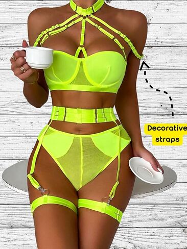Kaei&Shi Womens Blacklight Bra And Panty Set Garter Sexy Tops,Strappy Strapless Lingerie Mesh Cheeky Sets Rave Outfit Glow In The Dark Shoot Clubbimg Boudoir Neon Green Medium in Saudi Arabia