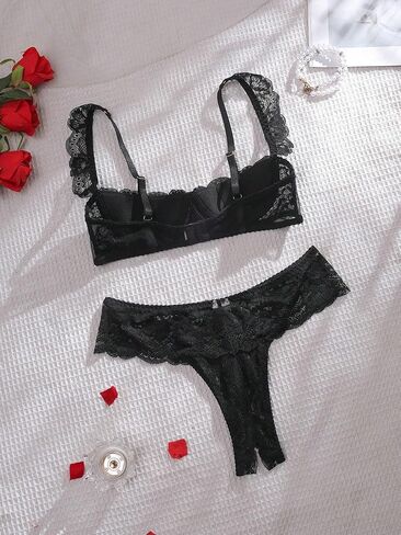 SweatyRocks Women's Lingerie Set Floral Lace Ruffle Shoulder Bra and Panty Underwear Sets in Saudi Arabia