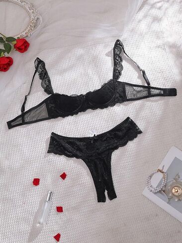 SweatyRocks Women's Lingerie Set Floral Lace Ruffle Shoulder Bra and Panty Underwear Sets in Saudi Arabia