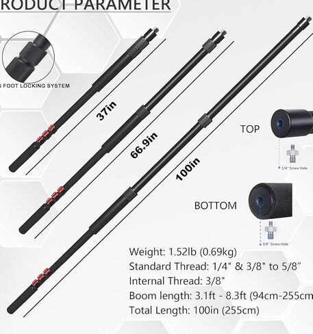 Boom Pole for Shotgun Mic, Professional Boom Mic Pole for Video Recording，3-Section Extendable Rod From 3.1ft to 8.3ft Adjustable Length with 1/4" and 3/8" to 5/8" Threads in Saudi Arabia