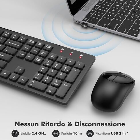 مجموعة لوحة مفاتيح وماوس لاسلكية، مستقبل USB 2.4 جيجا هرتز، لوحة مفاتيح مريحة كاملة الحجم مع ماوس هادئ 1600 نقطة في البوصة، لنظام التشغيل Windows/PC/Chrome OS - أسود in Kuwait