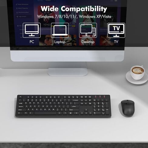 مجموعة لوحة مفاتيح وماوس لاسلكية، مستقبل USB 2.4 جيجا هرتز، لوحة مفاتيح مريحة كاملة الحجم مع ماوس هادئ 1600 نقطة في البوصة، لنظام التشغيل Windows/PC/Chrome OS - أسود in Kuwait