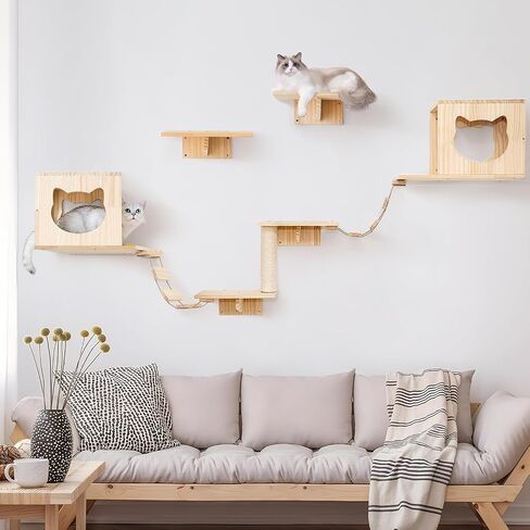 Cat Wall Shelves and Perches Furniture Set 9 PCS Cat Wall Mounted with 2 Cat Condos House, 4 Cat Wall Shelves, 1 Cat Sisal Scratching Post, 2 Ladder, Cat Shelf Playground Indoor in Saudi Arabia