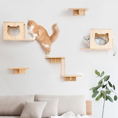Cat Wall Shelves and Perches Furniture Set 9 PCS Cat Wall Mounted with 2 Cat Condos House, 4 Cat Wall Shelves, 1 Cat Sisal Scratching Post, 2 Ladder, Cat Shelf Playground Indoor in Saudi Arabia