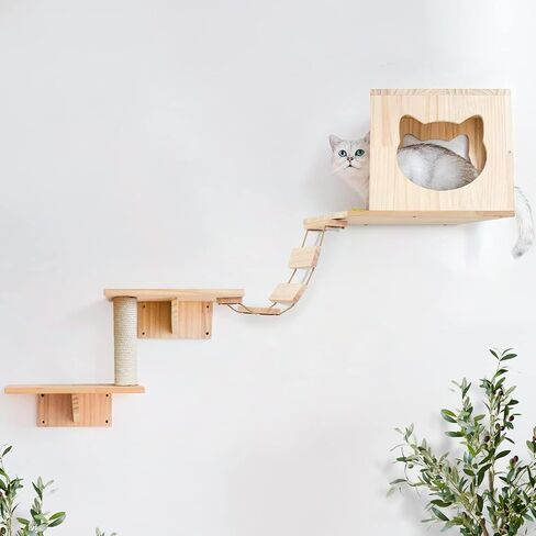 Cat Wall Shelves and Perches Furniture Set 9 PCS Cat Wall Mounted with 2 Cat Condos House, 4 Cat Wall Shelves, 1 Cat Sisal Scratching Post, 2 Ladder, Cat Shelf Playground Indoor in Saudi Arabia