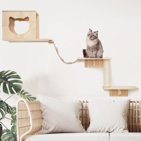 Cat Wall Shelves and Perches Furniture Set 9 PCS Cat Wall Mounted with 2 Cat Condos House, 4 Cat Wall Shelves, 1 Cat Sisal Scratching Post, 2 Ladder, Cat Shelf Playground Indoor in Saudi Arabia