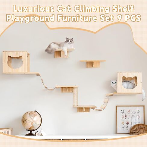 Cat Wall Shelves and Perches Furniture Set 9 PCS Cat Wall Mounted with 2 Cat Condos House, 4 Cat Wall Shelves, 1 Cat Sisal Scratching Post, 2 Ladder, Cat Shelf Playground Indoor in Saudi Arabia