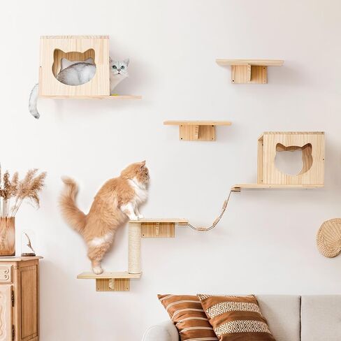 Cat Wall Shelves and Perches Furniture Set 9 PCS Cat Wall Mounted with 2 Cat Condos House, 4 Cat Wall Shelves, 1 Cat Sisal Scratching Post, 2 Ladder, Cat Shelf Playground Indoor in Saudi Arabia