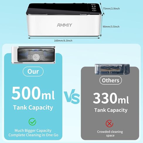 منظف ​​المجوهرات بالموجات فوق الصوتية من AMMIY، آلة تنظيف المجوهرات 17 أونصة، منظف التجنيب بالموجات فوق الصوتية 46 كيلو هرتز مع مؤقت رقمي 4 أوضاع، آلة تنظيف سونيك احترافية لنظارات حزام ساعة أسنان المجوهرات in Kuwait