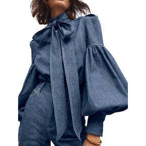 Womens Denim Blouse Pullover Bow-Embellished Long Puff Sleeve Jean Buttoned Vintage Shirts Tops in Saudi Arabia