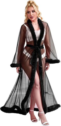 comeondear Women Lace Gown Kimono Robe with Fur Sexy Cover Up Chemise Bride Bathrobe Sleepwear in Saudi Arabia