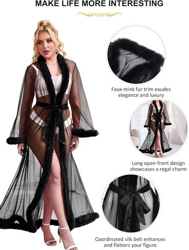 comeondear Women Lace Gown Kimono Robe with Fur Sexy Cover Up Chemise Bride Bathrobe Sleepwear in Saudi Arabia