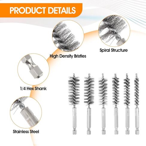 6 Pcs Copper Tube Cleaner 6 Sizes Stainless Steel Cleaning Tube Brushes Set wtih Hex Shank Twisted Wire Bore Brush Attachments for Power Drill (8/10/12/15/17/19 mm) in Saudi Arabia