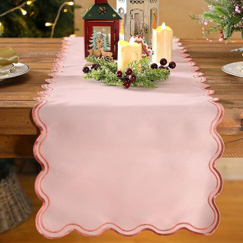 Scalloped Edge Table Runner 70 Inches Preppy Embroidery Edge Table Runner Cute Neutral Rustic Dining Decor for Kitchen (Dark Pink,Light Pink) in Saudi Arabia