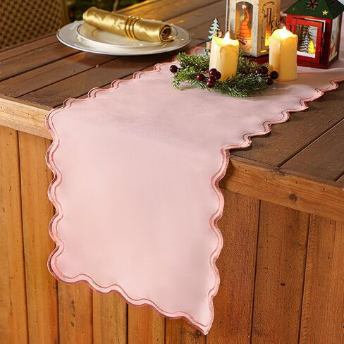 Scalloped Edge Table Runner 70 Inches Preppy Embroidery Edge Table Runner Cute Neutral Rustic Dining Decor for Kitchen (Dark Pink,Light Pink) in Saudi Arabia