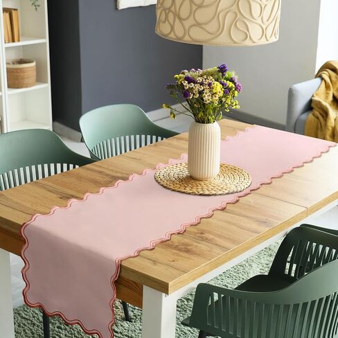 Scalloped Edge Table Runner 70 Inches Preppy Embroidery Edge Table Runner Cute Neutral Rustic Dining Decor for Kitchen (Dark Pink,Light Pink) in Saudi Arabia