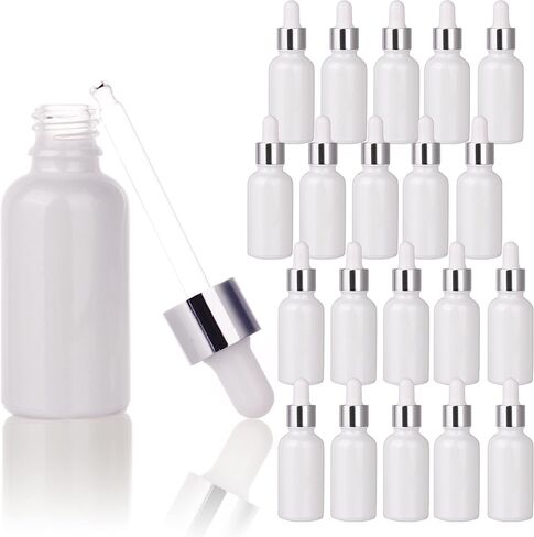 COSIDEA 20pcs Empty Pearly white Round 30ml 1oz Glass bottle with Bamboo dropper for Serum essence oil bottles container packing (Pearly white silver cap) in Kuwait
