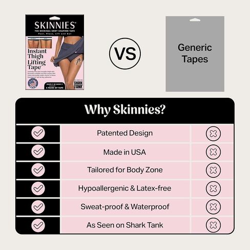 Skinnies Instant Swimmers Thigh Lift Tape - Patented & Made in USA - Waterproof, Clear Adhesive Strips Instantly Lift Loose Skin and Smooth Cellulite - Wear Discretely Under Skirted Swimsuit - 5 Pairs in Saudi Arabia
