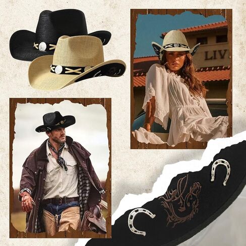 Wildarms Western Cowboy Hat for Women Men Wide Brim Woven Straw Cowboy Hat for Men Cowgirl Exquisite Decoration Band in Kuwait