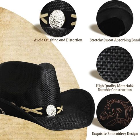 Wildarms Western Cowboy Hat for Women Men Wide Brim Woven Straw Cowboy Hat for Men Cowgirl Exquisite Decoration Band in Kuwait