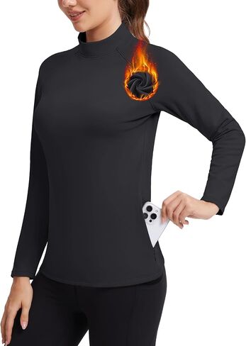 MAGCOMSEN Women's Mock Turtneck Thermal Shirts Long Sleeve Fleece Lined Zipper Pockets Athletic Base Layers in Kuwait
