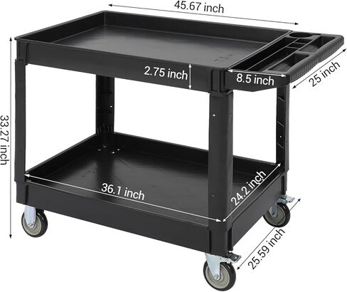 Service Cart 500-Lb Utility Service PP Rolling Cart with Two Trays and Brake Wheel for Warehouse/Garage/Cleaning/Manufacturing，45" 25" Black in Saudi Arabia