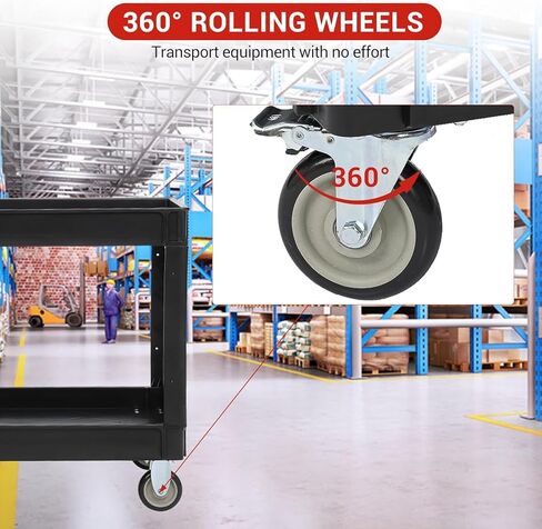 Service Cart 500-Lb Utility Service PP Rolling Cart with Two Trays and Brake Wheel for Warehouse/Garage/Cleaning/Manufacturing，45" 25" Black in Saudi Arabia