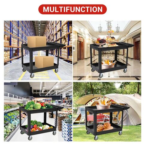 Service Cart 500-Lb Utility Service PP Rolling Cart with Two Trays and Brake Wheel for Warehouse/Garage/Cleaning/Manufacturing，45" 25" Black in Saudi Arabia