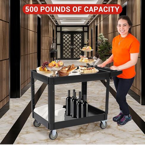 Service Cart 500-Lb Utility Service PP Rolling Cart with Two Trays and Brake Wheel for Warehouse/Garage/Cleaning/Manufacturing，45" 25" Black in Saudi Arabia