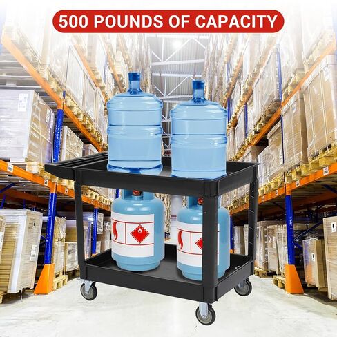 Service Cart 500-Lb Utility Service PP Rolling Cart with Two Trays and Brake Wheel for Warehouse/Garage/Cleaning/Manufacturing，45" 25" Black in Saudi Arabia