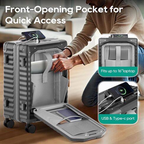 Joyway 20 Inch Carry on Luggage with Aluminium Frame and Front Pocket, PC Hardshell Suitcase with USB Port and Cup Holder, 21.5x14.2x9 Airline Approved, Luggage with Spinner Wheels and TSA Lock in Kuwait