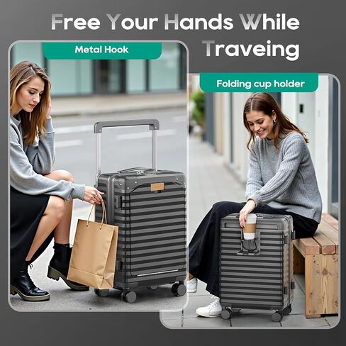 Joyway 20 Inch Carry on Luggage with Aluminium Frame and Front Pocket, PC Hardshell Suitcase with USB Port and Cup Holder, 21.5x14.2x9 Airline Approved, Luggage with Spinner Wheels and TSA Lock in Kuwait