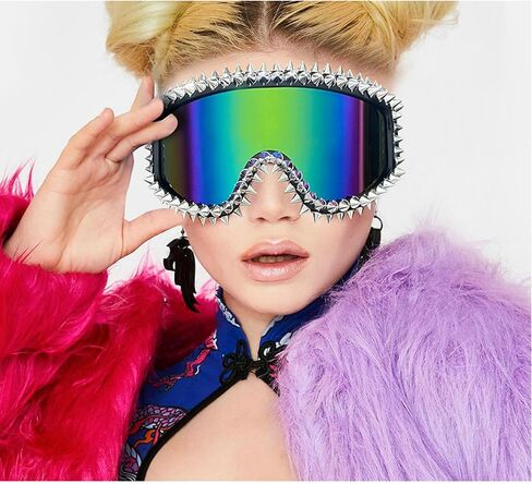 Vintage Rivet Ski Goggles Snow Goggles Colorful Lens Luxury Rhinestone Snowboard Goggles for Men Women Adult 621 in Saudi Arabia