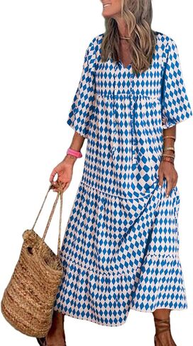 Dokotoo Women Boho Maxi Dresses 2023 V Neck Long Puff Sleeve Smocked Ruffle Flowy Casual Dress in Kuwait