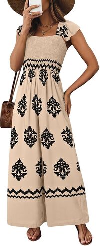 Happy Sailed Womens Summer Jumpsuits Printed Square Neck High Waisted Pockets Wide Leg Rompers Beach Fashion Vacation Outfits in Saudi Arabia