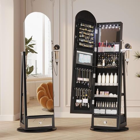 LVSOMT LED LED MIRROR Jewelry Cabinet Standing ، مجوهرات قابلة للقفل مع مرآة كاملة الطول ومصابيح LED قابلة للتعديل ، منظم مجوهرات لتوفير الفضاء مع المرآة (أسود) in Kuwait
