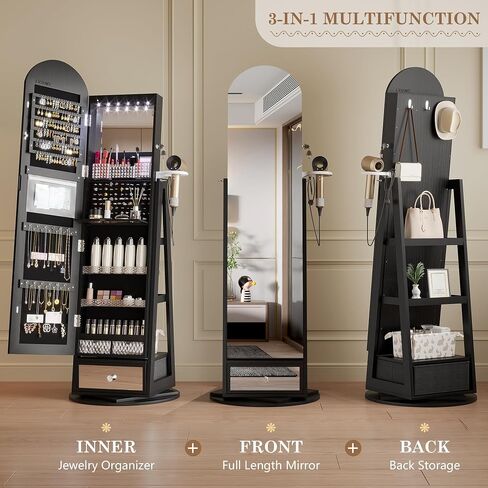 LVSOMT LED LED MIRROR Jewelry Cabinet Standing ، مجوهرات قابلة للقفل مع مرآة كاملة الطول ومصابيح LED قابلة للتعديل ، منظم مجوهرات لتوفير الفضاء مع المرآة (أسود) in Kuwait