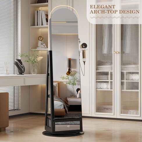 LVSOMT LED LED MIRROR Jewelry Cabinet Standing ، مجوهرات قابلة للقفل مع مرآة كاملة الطول ومصابيح LED قابلة للتعديل ، منظم مجوهرات لتوفير الفضاء مع المرآة (أسود) in Kuwait