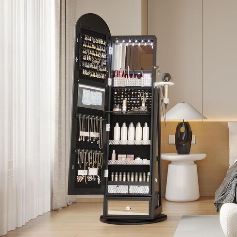 LVSOMT LED LED MIRROR Jewelry Cabinet Standing ، مجوهرات قابلة للقفل مع مرآة كاملة الطول ومصابيح LED قابلة للتعديل ، منظم مجوهرات لتوفير الفضاء مع المرآة (أسود) in Kuwait